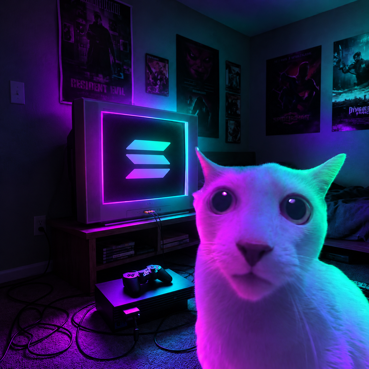 White cat in a neon gaming room facing a CRT monitor with a Solana logo